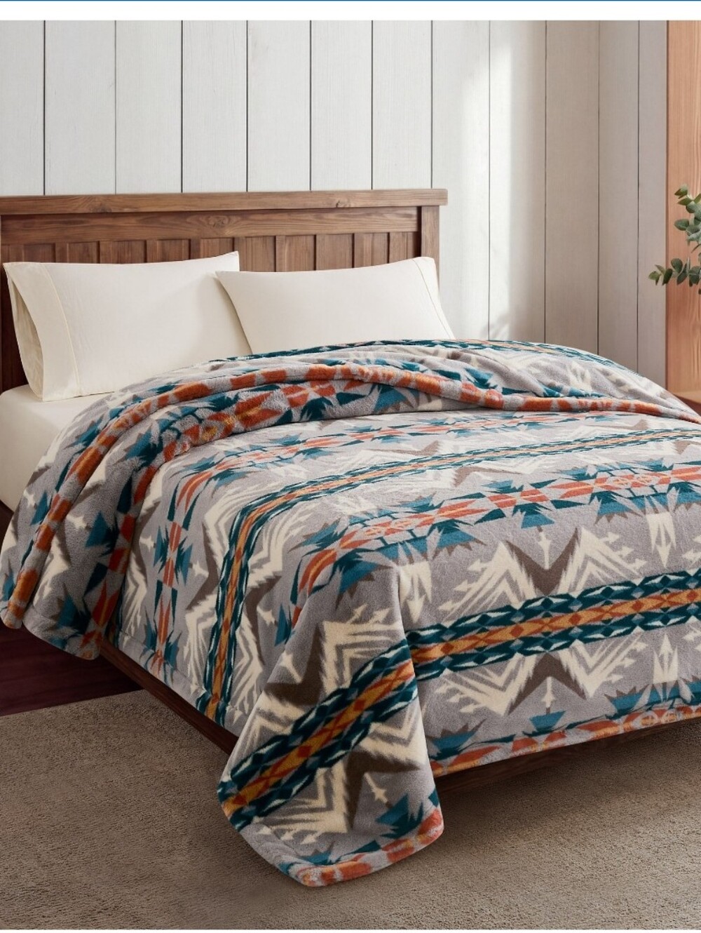 (6) Pendelton Cozy Geometric Plush Throw Blanket - Cream, Teal & Orange